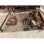 AN ASSORTMENT OF TOOLS TO INCLUDE A MITRE SAW AND COMPRESSOR FITTINGS ETC