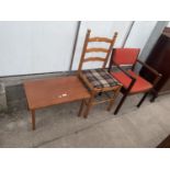 A SMALL TEAK OCCASIONAL TABLE AND TWO DINING CHAIRS