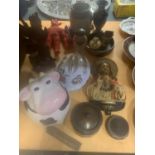 VARIOUS ITEMS TO INCLUDE A BOSSONS STYLE JESUS BUST, VASES, TREEN LIDDED POT ETC