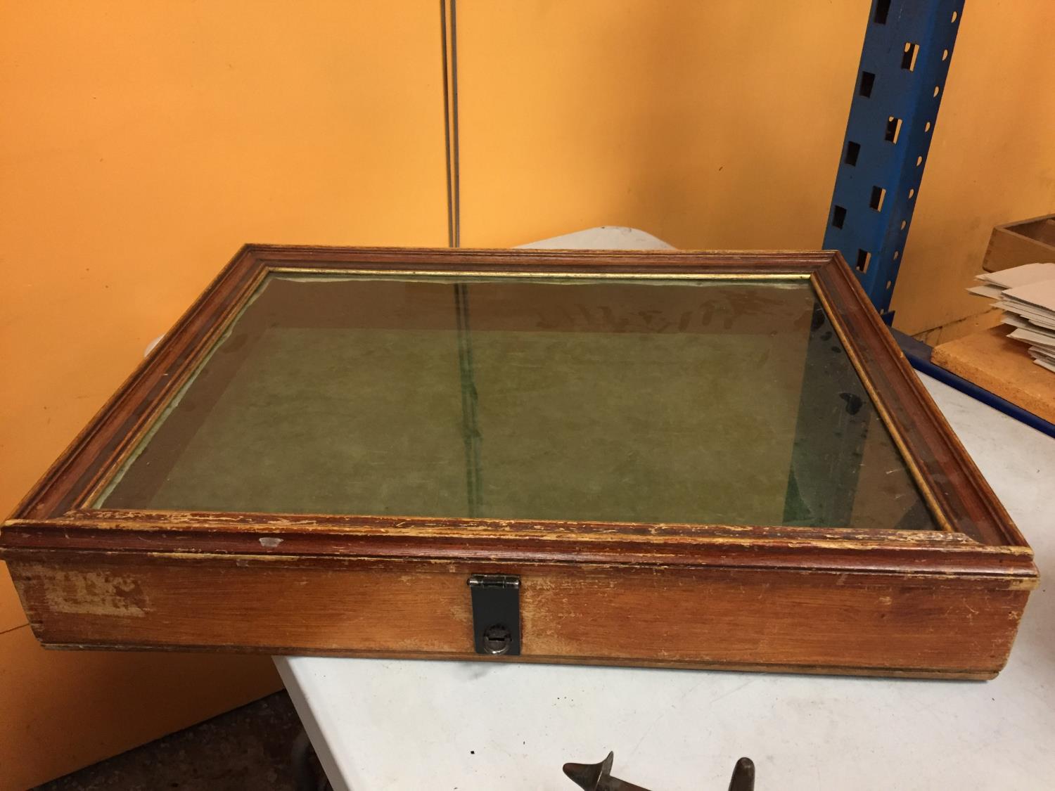 A LARGE GLASS TOPPED WOODEN DISPLAY BOX 68CM X 51CM