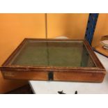 A LARGE GLASS TOPPED WOODEN DISPLAY BOX 68CM X 51CM