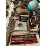 A COLLECTION OF VARIOUS ITEMS. TO INCLUDE A SELECTION OF OLD MANTLE CLOCK SPARES , GLOBE, SUPASNAPS,