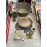 AN ASSORTMENT OF BRASS WARE TO INCLUDE A JAM PAN, TRIVET STAND AND CANDLE STICK ETC