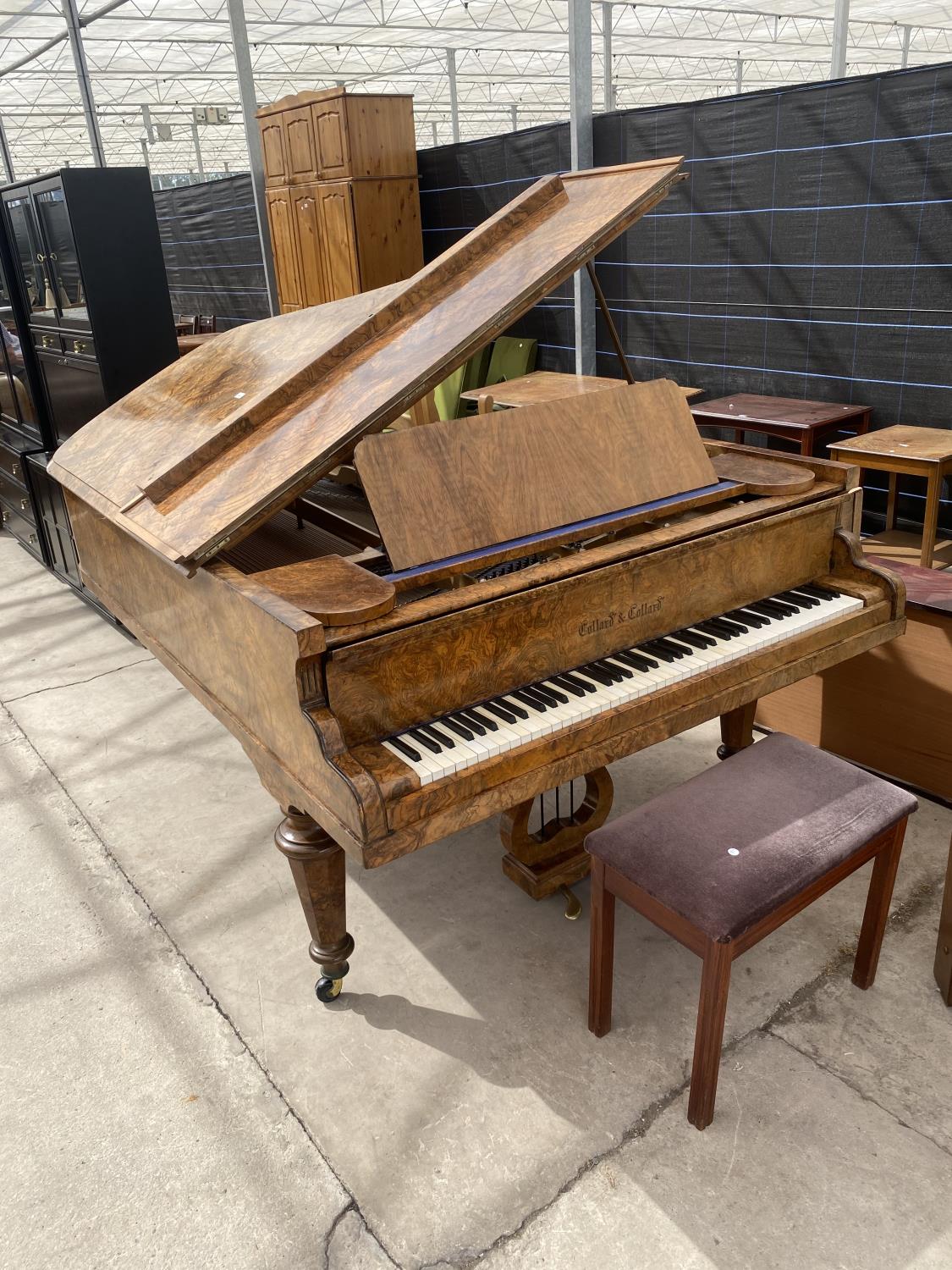A COLLARD & COLLARD WALNUT METAL SEMI-GRAND PIANO, COMPLETE WITH STOOL