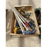 AN ASSORTMENT OF TOOLS TO INCLUDE SASH CLAMPS, G CLAMPS AND LATHE TOOLS