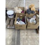 AN ASSORTMENT OF HOUSEHOLD CLEARANCE ITEMS TO INCLUDE CERAMICS, GLASS WARE AND TEDDIES ETC
