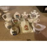TEN PIECES OF CRESTED WARE TO INCLUDE A MINATURE CHEESE DISH, JUGS, VASES ETC