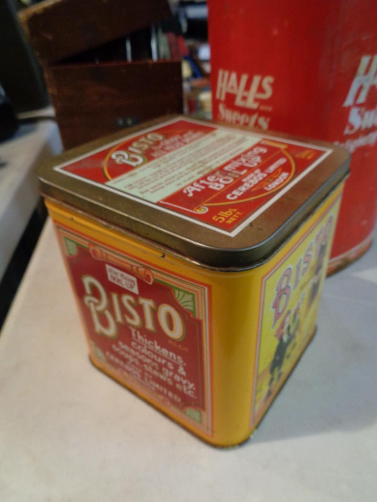 TWO VINTAGE TINS 'HALLS SWEETS' AND 'BISTO' AND TWO DISNEY PLATES - Image 2 of 3