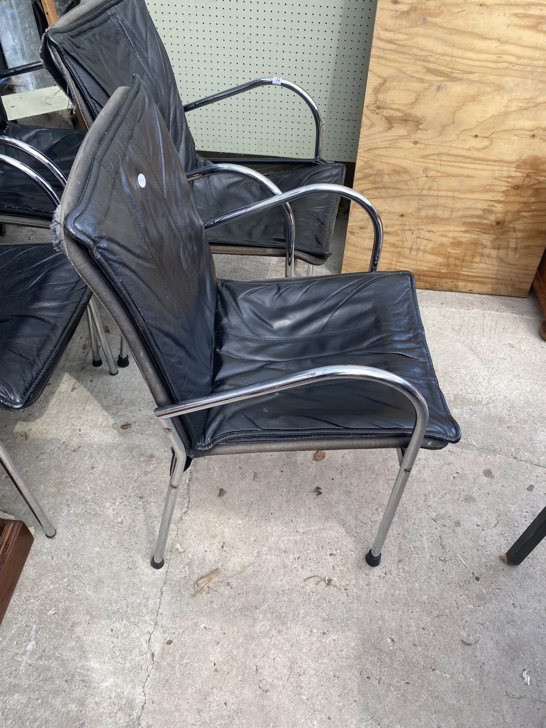 FOUR RETRO TUBULAR CHORMIUM PLATED ELBOW CHAIRS WITH FAUX BLACK LEATHER BACKS AND SEATS - Image 4 of 4