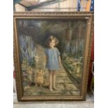 A VERY LARGE OIL ON CANVAS OF A YOUNG GIRL WITH HER DOG IN A GARDEN APPROXIMATELY 147CM WIDE BY