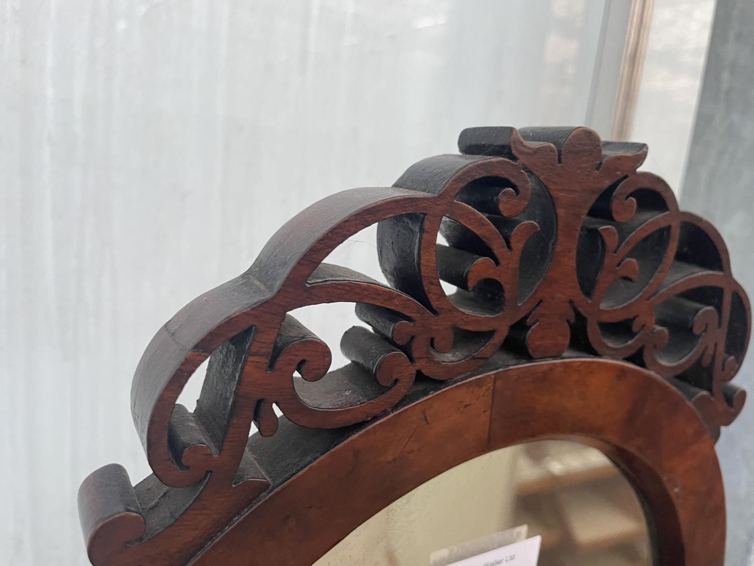 A VICTORIAN WALNUT AND INLAID THREE TIER WHATNOT WITH FRETWORK MIRROR-BACK ON TURNED SUPPORTS, - Image 3 of 8