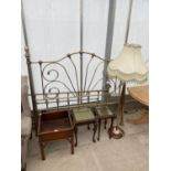 TWO LAMP TABLES, JARDINIER TABLE, STANDARD LAMP AND VICTORIAN STYLE BEDSTEAD