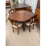 A CIRCULAR VICTORIAN STYLE DINING TABLE, 47" DIAMETER, ON TURNED AND FLUTED LEGS AND FOUR SIMILAR