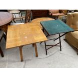 A SQUARE TABLE, 26.5", WITH WOOD BLOCK TOP AND FOLDING CARD TABLE