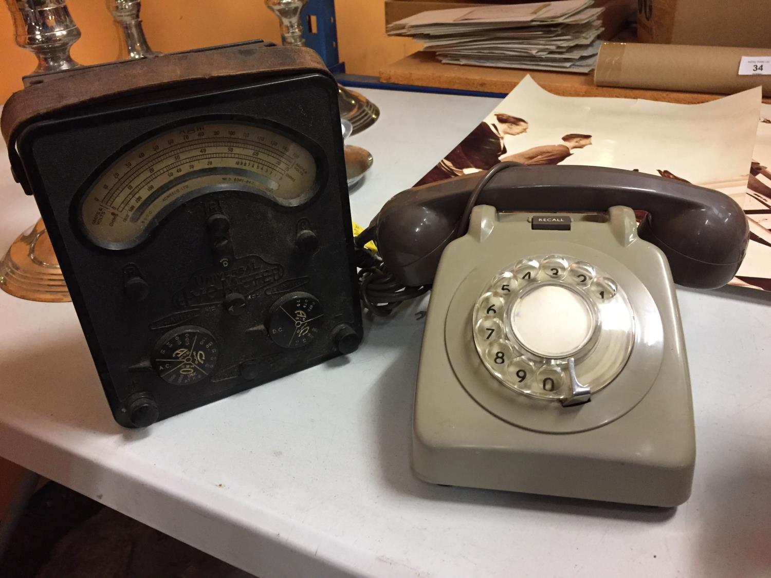 AN AVOMETER MODEL D AIR MINISTRY TEST METER TOGETHER WITH VINTAGE ROTARY TELEPHONE