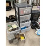 A FOUR DRAWER STORAGE UNIT, A QUANTITY OF HAND TOOLS AND A PULLEY ETC