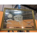 A GILT FRAMED BEVELED EDGE ROMANY GYPSY CARAVAN MIRROR 84CM X 58CM