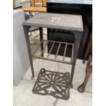 A CAST IRON TABLE WITH SOLID TOP, 16.5X14", UNDER TIER AND SEPARATE FRETWORK SHELF