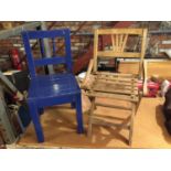 TWO SMALL CHILDRENS WOODEN CHAIRS, ONE FOLDING AND ONE PAINTED BLUE