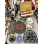 AN ASSORTMENT OF ITEMS TO INCLUDE A CERAMIC PIGGYBANK, A SMALL FLORAL MIRROR AND A BOX OF APTC DRILL