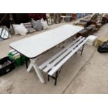 A LARGE FORMICA TOPPED RECTANGULAR TABLE ON X BASE WITH STEEL SUPPORT COMPLETE WITH A PAIR OF