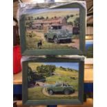 A PAIR OF FRAMED LANDROVER FARMING SCENE PICTURES SIZE 48CM X 38CM