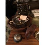 A SELECTION OF SILVER PLATE, WOOD AND BRASS ITEMS TO INCLUDE SERVING DISHES, A BISCUIT BARREL, A