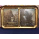 A DOUBLE GILT FRAMED OIL ON CANVAS PAINTING DEPICTING COUNTRY AND FISHING SCENES SIGNED 'ROMAZ' LATE