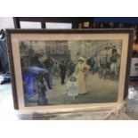 A FRAMED PRINT OF A VICTORIAN STREET SCENE SIZE 89CM X 66CM