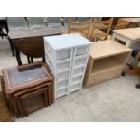 A MODERN NEST OF THREE TABLES, TWO BATHROOM WICKERS CHESTS AND A SIDE UNIT