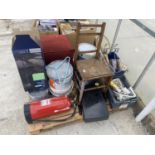 AN ASSORTMENT OF HOUSEHOLD CLEARANCE ITEMS TO INCLUDE A FOOT STOOL, A CHAIR AND HARDWARE ETC