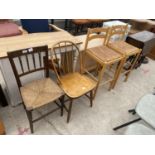 A RUSH SEATED BEDROOM CHAIR, ERCOL STYLE CHAIR AND A PAIR OF TALL KITCHEN STOOLS