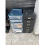 A FOUR DRAWER PLASTIC STORAGE UNIT AND A MINITURE SIX DRAWER METAL FILING CABINET