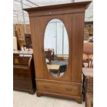 AN EDWARDIAN MAHOGANY AND INLAID MIRROR-DOOR WARDROBE WITH DRAWER TO THE BASE, 49" WIDE