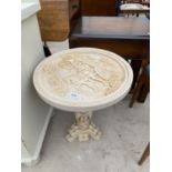 AN ORIENTAL STYLE RESIN OCASIONAL TABLE, 17.5" DIAMETER, THE COLUMN DECORATED WITH ELEPHANTS AND