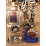 MIXED SILVER PLATE AND EPNS ITEMS TO INCLUDE TWO X THREE ARM SMALL CANDELABRAS, CANDLE STICKS, PHOTO
