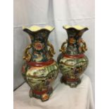 A PAIR OF GILT HANDLED HIGHLY DECORATIVE JAPANESE VASES MARKED TO BASE (ONE A/F) H-41CM