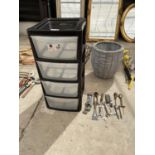 A FOUR DRAWER PLASTIC STORAGE CHEST AND VARIOUS TOOLS - SPANNERS ETC