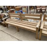 A MODERN HEAVY DUTY WOODEN SLATTED GARDEN BENCH