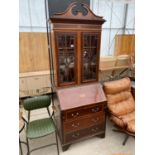 AN EDWARDIAN MAHOGANY AND SHELL INLAID BUREAU BOOKCASE, 30" WIDE