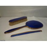 A BLUE ENAMEL DRESSING TABLE SET