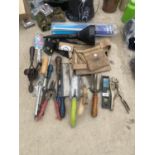 AN ASSORTMENT OF HAND TOOLS TO INCLUDE A DRILL BRACE, MOLE GRIPS AND TROWELS ETC