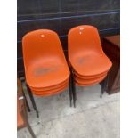 EIGHT ORANGE PLASTIC STACKING CHAIRS BY NEW EQUIPMENT LIMITED, ROXDALE, DURHAM
