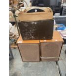 A PAIR OF WOODEN CASED SPEAKERS AND AN ASSORTMENT OF LP RECORDS