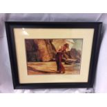A FRAMED PICTURE OF AN ELEGANTLY DRESSED LADY ON A BEACH SIZE 50CM X 62CM