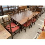 A SPANISH STYLE EXTENDING DINING TABLE, 36" X 62", (LEAF 24"), AND SIX DINING CHAIRS