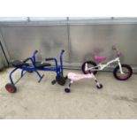 A VINTAGE CHILDRENS TANDEM TRIKE, A SCHWIMM BALANCE BIKE AND A CHILDRENS SCUTTLEBUG