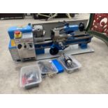 A KATSU 165013 14" MINI LATHE WITH DIGITAL READ DISPLAY 100MM CHUCK AN ASSORTMENT OF TOOLS