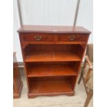 A MODERN YEW WOOD OPEN BOOKCASE WITH TWO DRAWERS, 30" WIDE