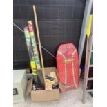 AN ASSORTMENT OF ITEMS TO INCLUDE WEED BLOCK SHEETING, CAR SPONGES AND A BODY BOARD ETC
